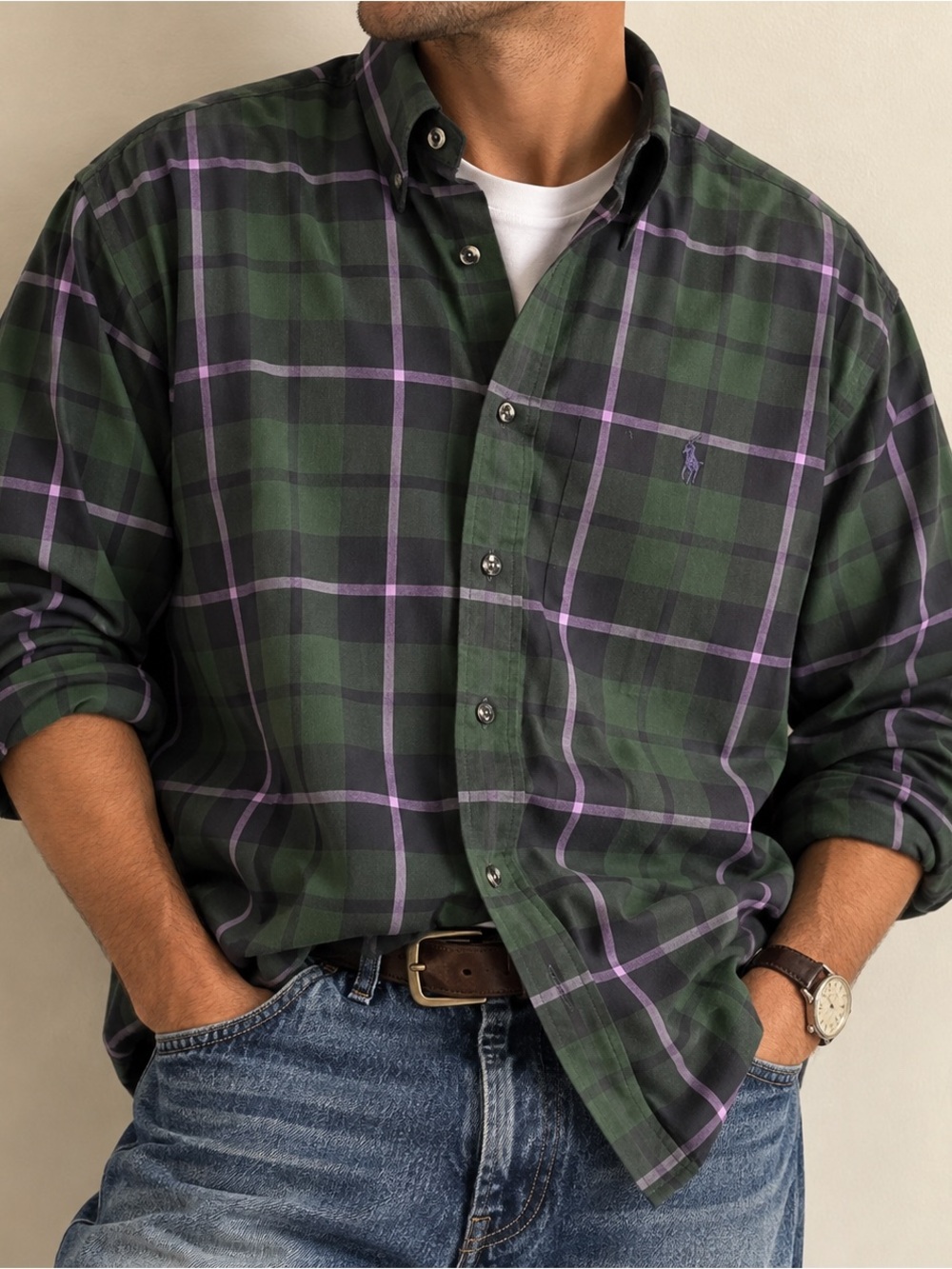 Vintage 90s Ralph Lauren Blake Shirt Green Plaid Cotton Mens L Oversized
